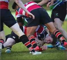  ??  ?? Wicklow’s Ben Armstrong sets up a ruck against Gorey.