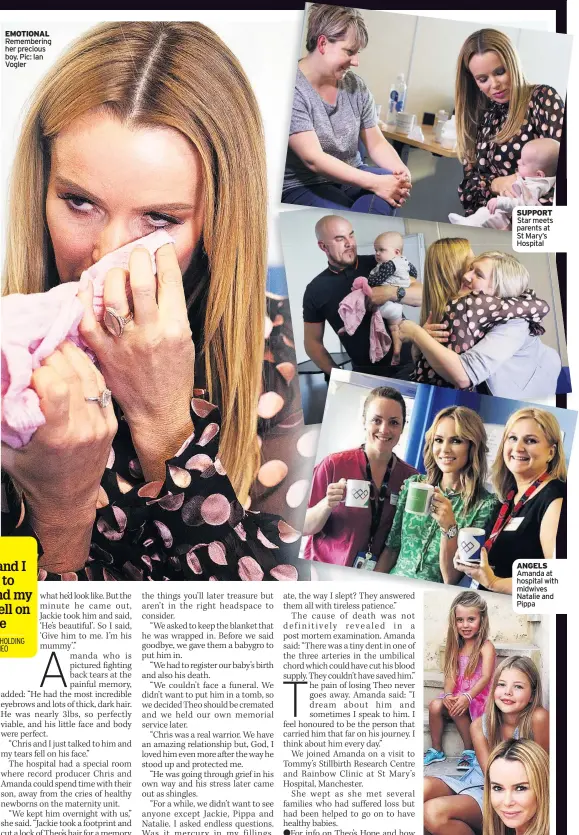  ??  ?? EMOTIONAL Rememberin­g her precious boy. Pic: Ian Vogler CLOSE SUPPORT Star meets parents at St Mary’s Hospital ANGELS Amanda at hospital with midwives Natalie and Pippa Amanda with Hollie and Lexi