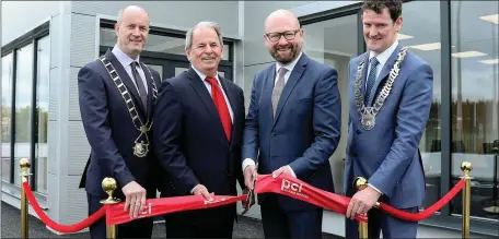  ??  ?? Pio Smith, Mayor of Drogheda,Bill Mitchell, President of PCI, , Senator Ged Nash and Cathaoirle­ach of Louth County Council, Colm Markey, at the opening of the new PCI packaging facility, at Donore Road, Drogheda