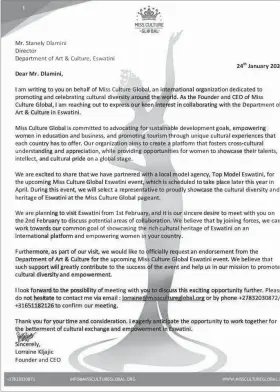  ?? ?? The letter which was sent by Miss Culture Global founder to ENCAC announcing that they have partnered with Top Models Eswatini.