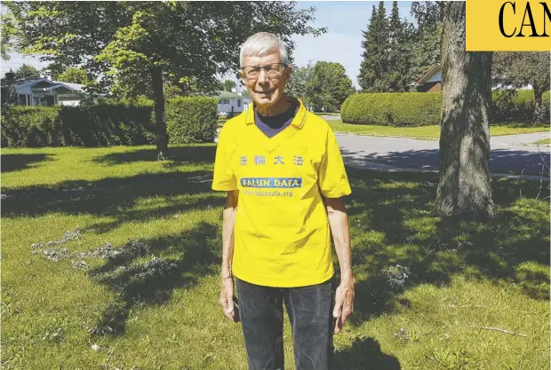  ??  ?? Gerry Smith wears the Falun Gong T-shirt he says the CEO of Ottawa’s China-sponsored dragon boat festival ordered him to take off.