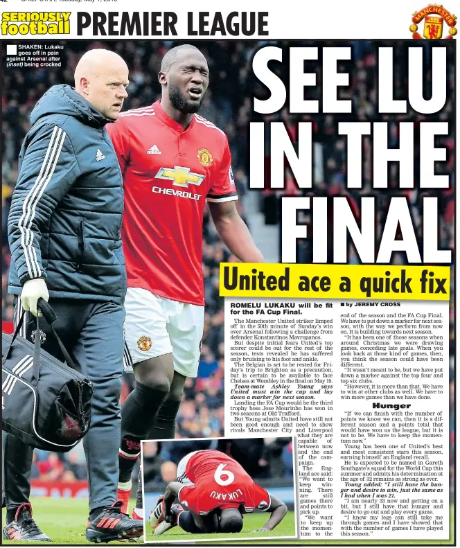  ??  ?? SHAKEN: Lukaku goes off in pain against Arsenal after (inset) being crocked