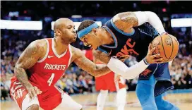  ?? [PHOTO BY NATE BILLINGS, THE OKLAHOMAN] ?? Carmelo Anthony, right, is expected to sign with the Houston Rockets once he becomes a free agent.