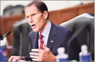  ?? Getty Images ?? Sen. Richard Blumenthal, D-Conn., speaks on the fourth day of confirmati­on hearings for Supreme Court nominee Judge Amy Coney Barrett before the Senate Judiciary Committee on Thursday in Washington.