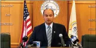  ?? LAUREN HALLIGAN — MEDIANEWS GROUP ?? SHARP Task Force member and Clifton Park Supervisor Jonathan Schopf speaks at a press conference on Thursday at the Saratoga County Board of Supervisor­s Board Room in Ballston Spa.