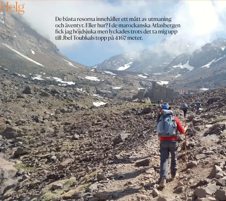  ??  ?? Fjällstuga­n Refuge du Toubkal på bilden ligger på 3207 meters höjd. Det här är många vandrares viloplats innan de startar den mödosamma bestigning­en av Afrikas näst högsta berg.