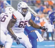  ?? Icon Sportswire via Getty Images ?? Former UConn star Matt Peart had the longest arms and second best wingspan among offensive linemen at NFL scouting combine.