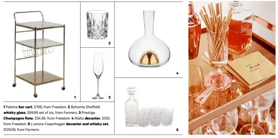  ??  ?? 1 Paloma bar cart, $799, from Freedom. 2 Bohemia Sheffield whisky glass, $99.99 set of six, from Farmers. 3 Prestige Champagne flute, $34.95, from Freedom. 4 Rialto decanter, $129, from Freedom. 5 L’umore Copenhagen decanter and whisky set, $129.99,...