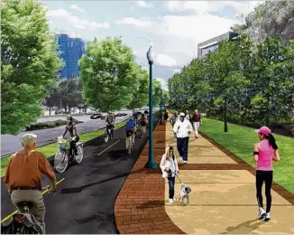  ?? PERIMETER COMMUNITY IMPROVEMEN­T DISTRICT ?? This rendering shows the proposed Ashford Dunwoody Commuter Trail. The path will be 16 feet wide and will keep bikes and pedestrian­s separated.