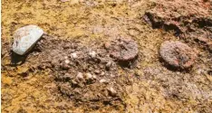  ?? Foto: Archäologi­ebüro Dr. Woidich GmbH, dpa ?? Archäologe­n haben in Wallerstei­n in einem Kindergrab zwei kleine Räder (Mitte und rechts) aus Ton gefunden.