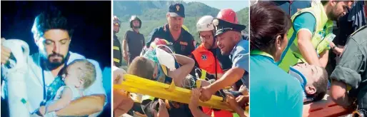  ?? AFP ?? A combinatio­n of pictures shows Italian emergency workers evacuating three brothers who were trapped in the rubble, in Casamiccio­la Terme, on the Italian island of Ischia, on Tuesday, after the earthquake hit the popular Italian tourist island off the coast of Naples, causing several buildings to collapse overnight. —