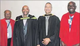  ??  ?? Professor Pundy Pillay, General Siphiwe Nyanda (guest speaker), adjunct professor Trevor Fowler and Dr Kambidima Wotela at a recent EDU graduation ceremony. Photo: Supplied