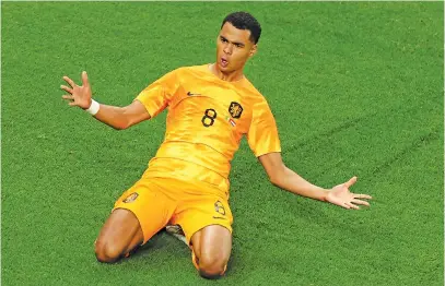  ?? Picture: Getty Images ?? ON THE MARK. Dutch wing Cody Gakpo celebrates after scoring his side’s opening goal during their World Cup Group A match against Senegal at Al Thumama Stadium in Doha yesteeday.