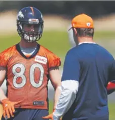  ?? David Zalubowski, The Associated Press ?? Broncos tight end Jake Butt, above, and outside linebacker Shane Ray participat­ed in practice Wednesday at Dove Valley.