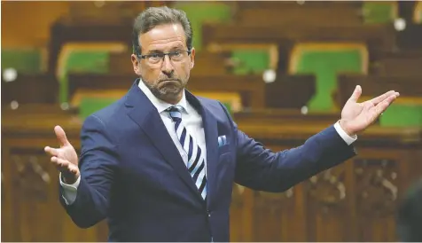  ?? — BLAIR GABLE/REUTERS ?? Bloc Quebecois Leader Yves-François Blanchet gestures in the House of Commons on Wednesday. Despite his calls to trigger an election, other parties said Canadians are focused on health, not a potential fall vote.