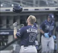  ?? JAE C. HONG— THE ASSOCIATED PRESS ?? The Rays’ Austin Meadows tosses his helmet after flying out during the ninth inning in Game 5of the ALCS against the Astros on Thursday.