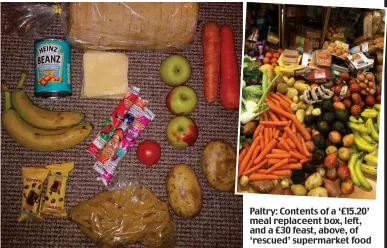  ??  ?? Paltry: Contents of a ‘£15.20’ meal replaceent box, left, and a £30 feast, above, of ‘rescued’ supermarke­t food