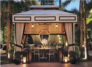  ??  ?? LEFT: An outdoor dining space at the Viceroy Santa Monica, in Santa Monica, Calif. While cabanas are usually set up poolside for lounging, one could be set up in a backyard with a table and chairs to enjoy outdoor meals. “It’s coolest when it’s organic...