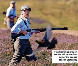  ?? Jeff J Mitchell ?? A shooting party on See Far Hill on the first day of the grouse season yesterday