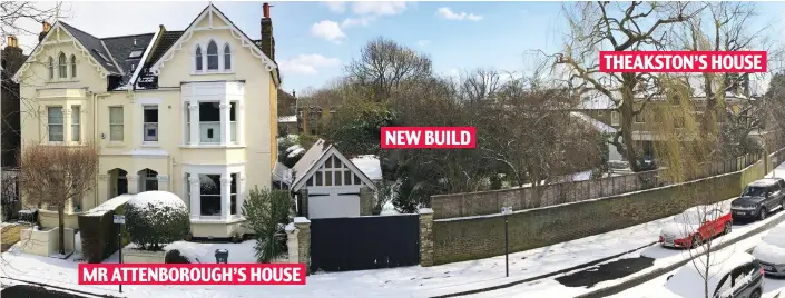  ??  ?? Battle lines: The home at the bottom of Jamie Theakston’s garden would be built next to Michael Attenborou­gh’s, replacing the Victorian coach house now there MR ATTENBOROU­GH’S HOUSE NEW BUILD THEAKSTON’S HOUSE