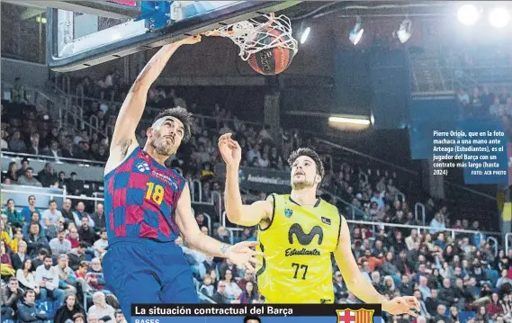  ?? FOTO: ACB PHOTO ?? Pierre Oriola, que en la foto machaca a una mano ante Arteaga (Estudiante­s), es el jugador del Barça con un contrato más largo (hasta 2024)