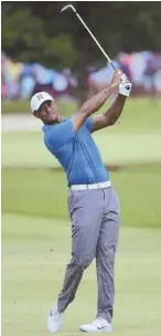  ?? AP PHOTO ?? BACK WHERE HE BELONGS: Tiger Woods watches an approach shot during yesterday’s third round of the Tour Championsh­ip in Atlanta.