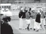  ?? MARK HUMPHREY ENTERPRISE-LEADER ?? Farmington’s Drake Vinyard, shown celebratin­g a homerun against Clarksvill­e, helped the Cardinals pull off a 5-4 road win at 6A Russellvil­le on Friday.