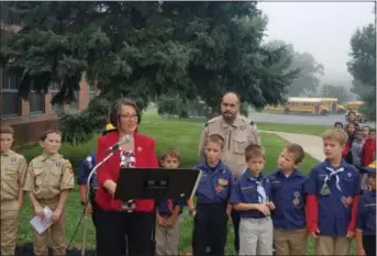  ??  ?? State Rep. Becky Corbin speaks during the Patriots Day ceremony at Reeceville Elementary School on Tuesday.