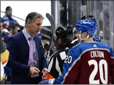  ?? ANDY CROSS — THE DENVER POST ?? Avalanche head coach Jared Bednar talks to an official during a stoppage in play in the third period against the Vegas Golden Knights at Ball Arena on Jan. 10.