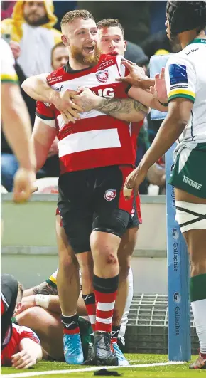  ?? PICTURES: Getty Images ?? Match-winner: Gloucester’s Ruan Ackermann celebrates his second try