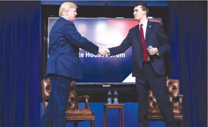  ?? (Leah Millis/Reuters) ?? US PRESIDENT Donald Trump greets Charlie Kirk before the Generation Next forum at the Eisenhower Executive Office Building in Washington last year.