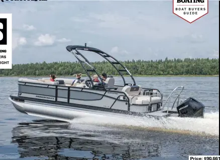  ?? ?? Price: $90,661
SPECS: LOA: 25'8" BEAM: 8'6" DRAFT: 1'8" DRY WEIGHT: 2,150 lb. (without motors) SEAT/WEIGHT CAPACITY: 14/1,917 lb. FUEL CAPACITY: 29 gal. AVAILABLE POWER: Mercury outboards from 90 to 300 hp