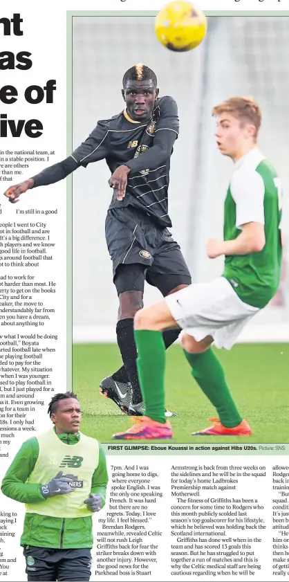  ?? Picture: SNS ?? FIRST GLIMPSE: Eboue Kouassi in action against Hibs U20s.