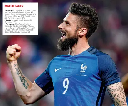  ?? AFP ?? France’s Olivier Giroud celebrates after scoring a goal during the match against Paraguay at the Roazhon Park stadium in Rennes. —
