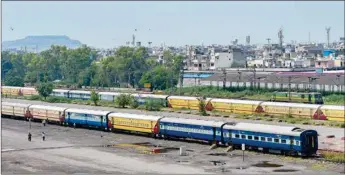  ?? PTI ?? Isolation train coaches prepared for COVID-19 patients, parked at Kela Godam, Shalimar Bagh in New Delhi, on Monday