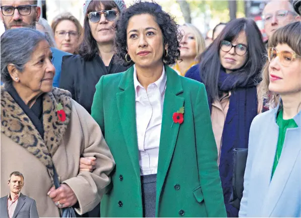  ??  ?? Samira Ahmed, centre, arrives with her supporters at her employment tribunal in London. Left, Jeremy Vine