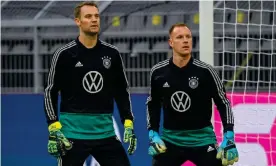  ??  ?? Marc-Andre ter Stegen (right) has been unable to dislodge Manuel Neuer as Germany’s first-choice goalkeeper despite impressing for Barcelona. Photograph: Ina Fassbender/AFP via Getty Images