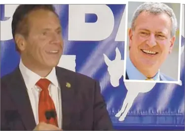  ?? WNBC; WILL PASSANNANT­E ?? Gov. Cuomo and frenemy Mayor de Blasio were all smiles as Hizzoner backed governor at rally Tuesday.