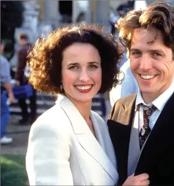  ??  ?? Four Weddings and a Funeral with
Andie MacDowell and Hugh Grant. Screenwrit­er Richard Curtis makes full use of Grant’s charm in this comedy