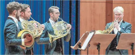  ?? FOTO: SCHLIPF ?? Seit neun Jahren füllt german hornsound die Konzertsäl­e Deutschlan­ds. Jetzt trat das Quartett in der Aalener Stadthalle auf.