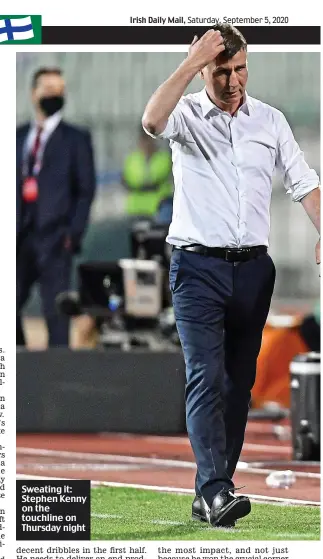  ??  ?? Sweating it: Stephen Kenny on the touchline on Thursday night