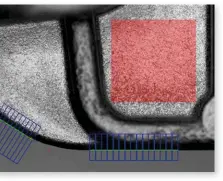  ??  ?? Mit Track & Trace Fingerprin­t werden definierte Bereiche der Bauteilobe­rfläche mit einem Lesegerät erfasst. Zur Lageerkenn­ung wird hierbei der Schnittpun­kt zweier Bauteilkan­ten bestimmt (grüne Linien).