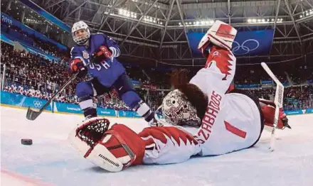  ?? REUTERS PIC ?? USA’s Jocelyne Lamoureux-Davidson scores the winner past Canada goalkeeper Shannon Szabados in the women’s ice hockey final in Gangneung yesterday.