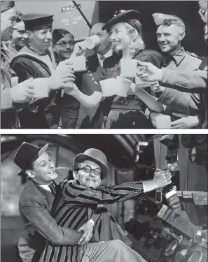  ?? PICTURES: GETTY. ?? MORALE BOOST: From top, Vera Lynn serves cups of tea to servicemen from a mobile canteen in Trafalgar Square; the canteen had been presented to the mayor of Westminste­r by the Variety Artistes Ladies’ Guild; Arthur Askey and comic partner Richard Murdoch star in the Gainsborou­gh comedy Band Wagon.