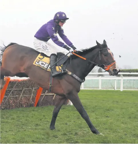  ??  ?? ■ Nelson River ridden by Harry Bannister on their way to victory in the JCB Triumph Trial Juvenile Hurdle at Cheltenham yesterday.