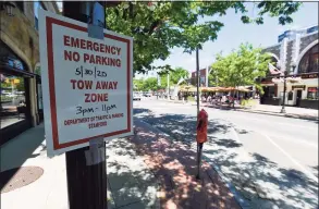  ?? Matthew Brown / Hearst Connecticu­t Media ?? Stamford Downtown Special Services District on May 30, 2020, began a program called Streaterie­s, where they close some downtown streets to allow area restaurant­s to extend their outdoor dining areas into parking spaces in front of their businesses. This is an area near Bedford Street, seen below, and Spring Street.
