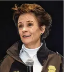  ?? SCHAEFER / SPECIAL TO THE AJC STEVE ?? Atlanta Police Chief Erika Shields greets attendees during her opening remarks at the Super Bowl LIII Executive Public Safety Tabletop Exercise at the Georgia World Congress Center on Wednesday,