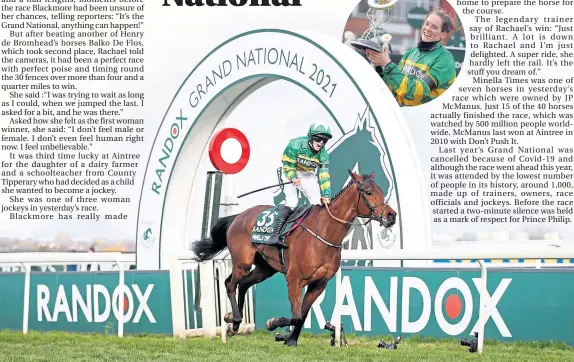  ??  ?? Rachael Blackmore, the first woman jockey to win the Grand National, roars with delight as she clears the finishing line on Minella Times