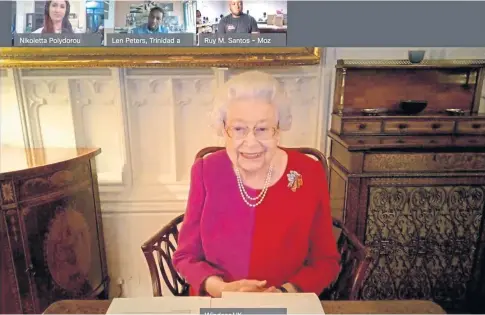  ??  ?? PRAISE: The Queen during a video call with award winners Nikoletta Polydorou, Len Peters and Ruy Santos.