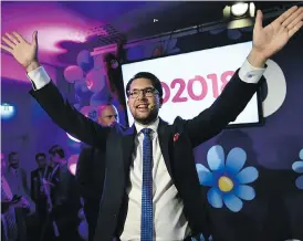  ?? MIKAEL SJOBERG / BLOOMBERG ?? Jimmie Akesson, leader of Sweden Democrats, saw his party finish a strong third in the country’s election on Sunday, garnering 20 per cent of the vote.